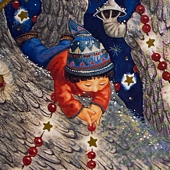 Vintage Cherub Treehouse Christmas Metal Tray Judith Ann Griffith print 90s - Picture 6 of 16